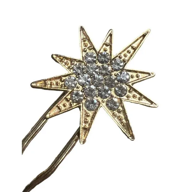 Crystal Gold Tone Celestial Starburst Bridal Hair Pin Rhinestones 5" long - Image 2