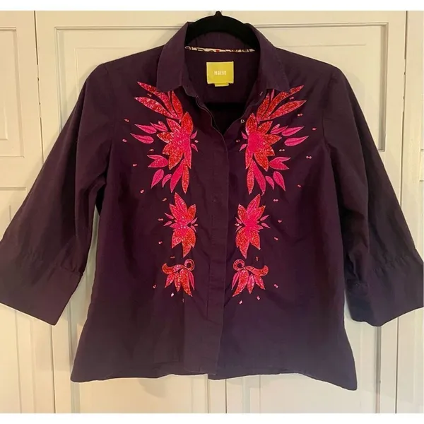 Maeve Anthropologie purple sequin cropped blouse 2 - Image 3