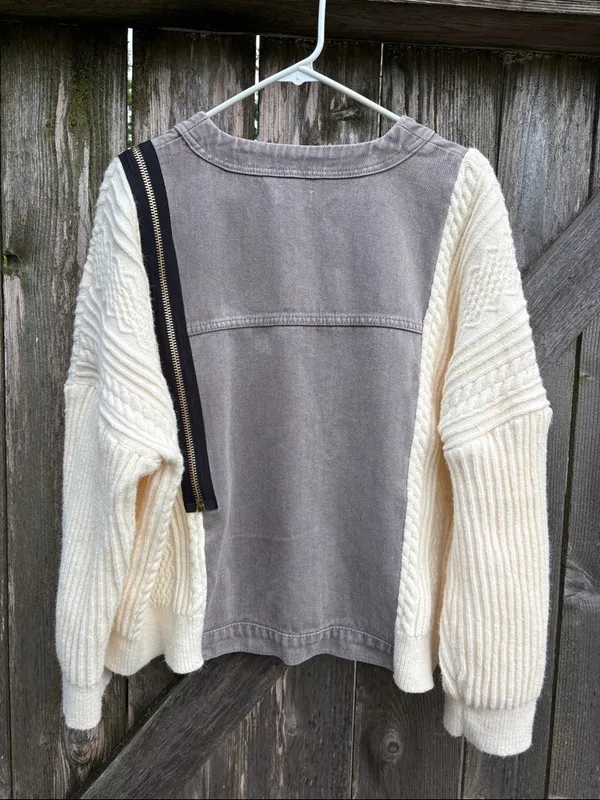 EUC POL Mixed Media Sweater Jacket Zipper Detail Button Front Medium - Image 9