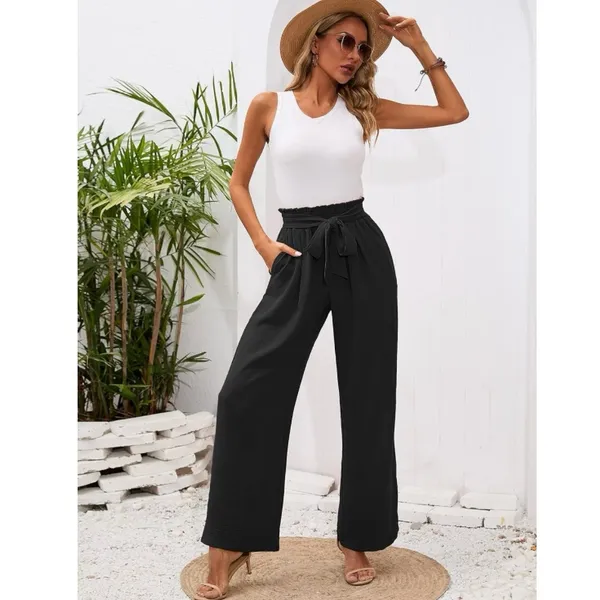 Women’s Casual Wide Leg Cinch Waist Trouser Pants Small - Image 4