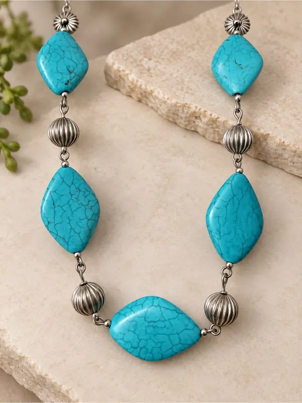 Southwestern Faux Turquoise Statement Necklace w/ Silver Accents PRETTY - Image 3