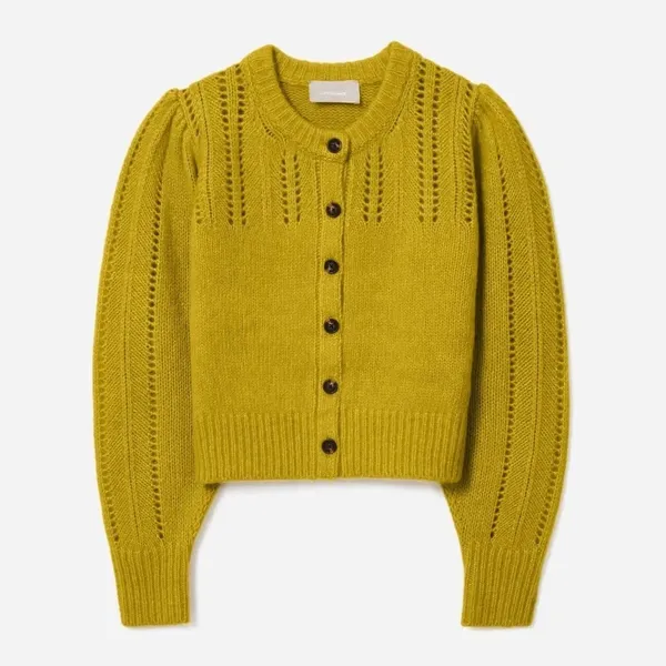 EVERLANE Pointelle Cardigan Cloud Merino Wool Alpaca Puff Sleeve Yellow X-Small - Image 8