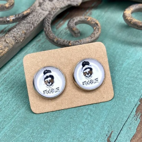 Teacher Life Skeleton Leopard Print Cabochon Stud Graphic Earrings Last One! - Image 2