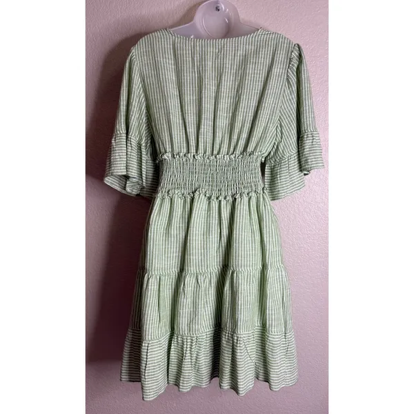 Max Studio Womens Size M Mini Dress Green White Striped Smocked Tiered Ruffle‎ - Image 2