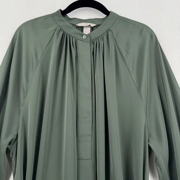 H&M Sage Green Belted Shirt Dress XL Long Sleeve Flowy Mini Tunic Quiet Luxury - Image 4
