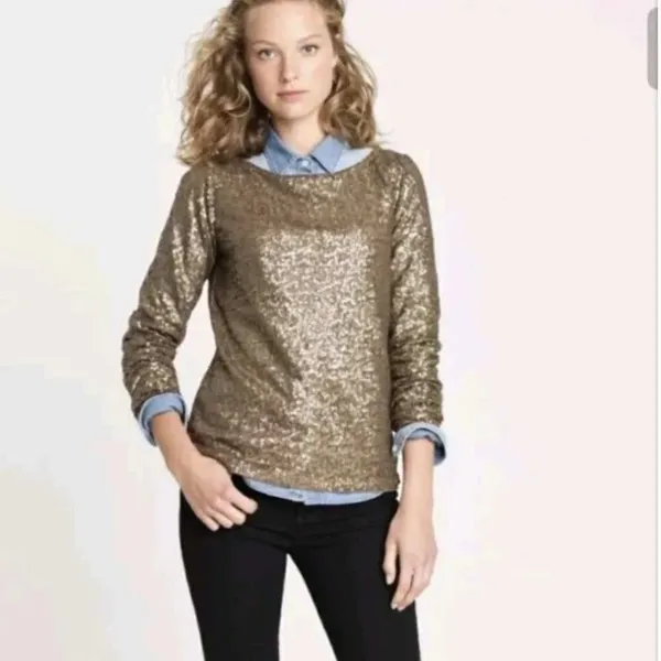 J. Crew Sequin Shirt Boat Neck 3/4 Sleeves Size XS Women Gold Christmas Top - Image 2