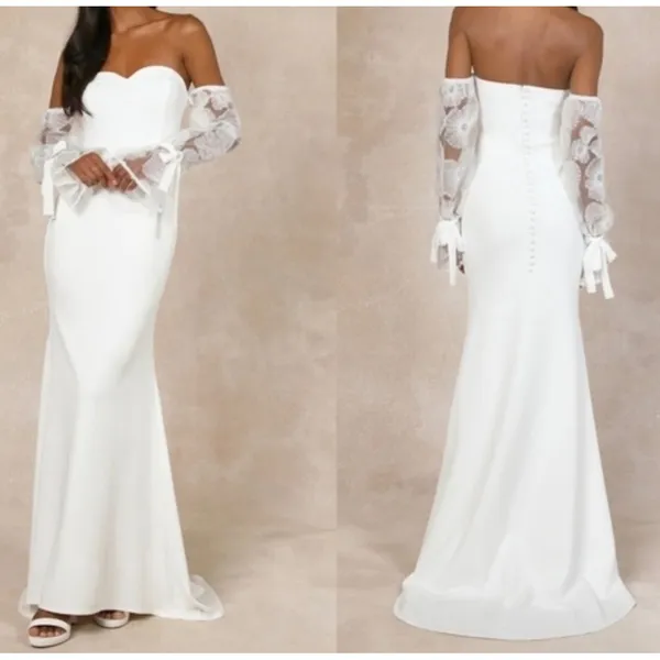NWT Lulus Small Everlasting Desire White Mesh Pearl Off-the-Shoulder Maxi‎ Dress - Image 2