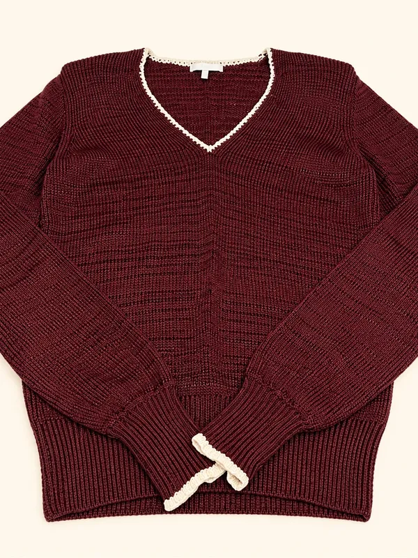 Reiss Brown V-Neck Sweater with White Trim Sz S - Image 2