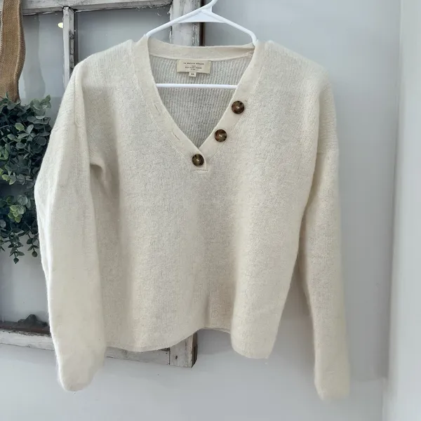 Sezane Willy Mohair Alpaca Henley Sweater Ecru Cream‎ Button Detail XS - Image 2