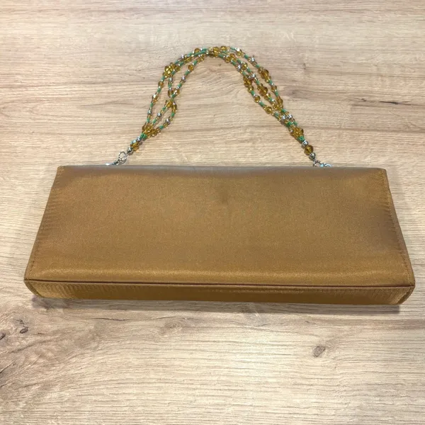 Bronze Satin Evening Clutch‎ Bag Green Rhinestone Brooch Beaded Handle Crossbody - Image 3