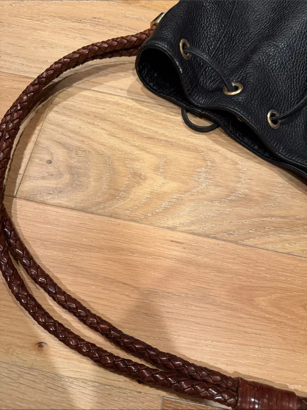 Cole Haan Black Pebbled Leather Shoulder‎ Bag with Braided Brown Handles - Image 6