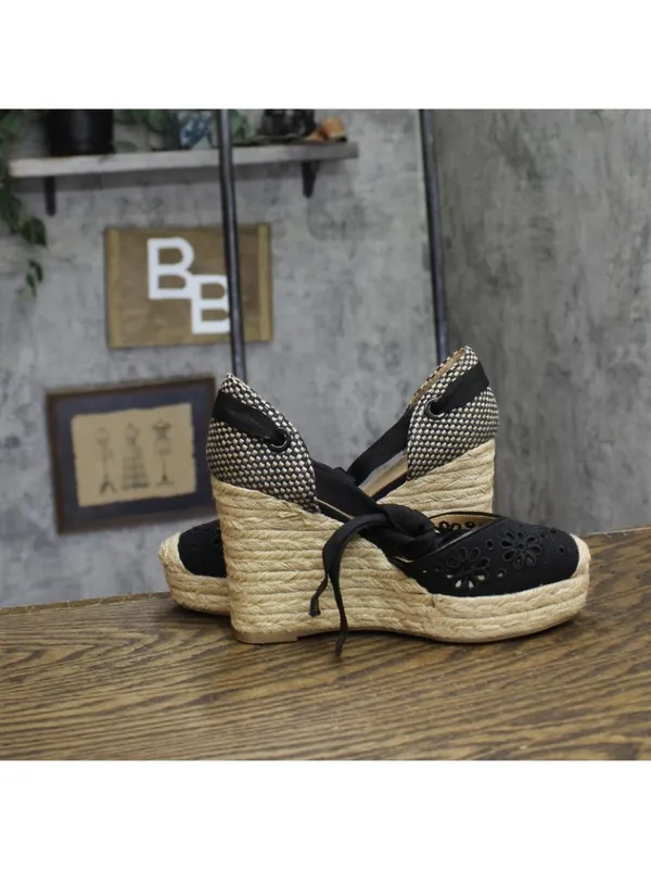 On 34th Melindaa Platform Espadrille Pump Wedge Ankle Wrap Sandals Black 6M - Image 6