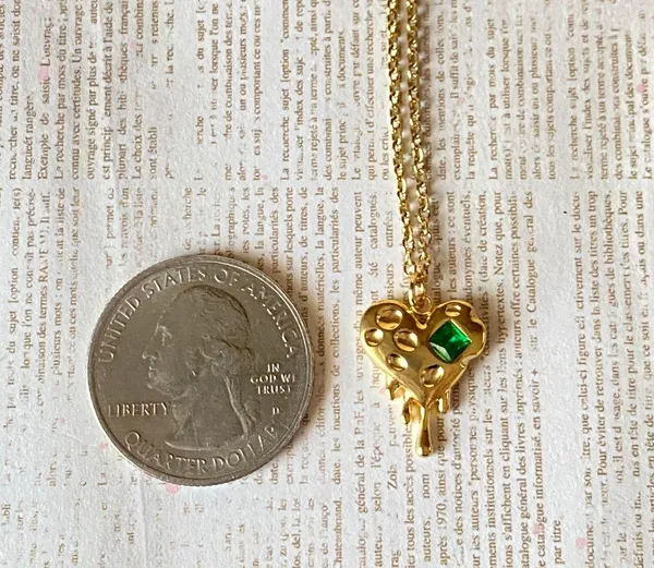 Handmade gold tone stainless steel chain & green glass crystal heart chic vintage retro style necklace💚👼 - Image 7