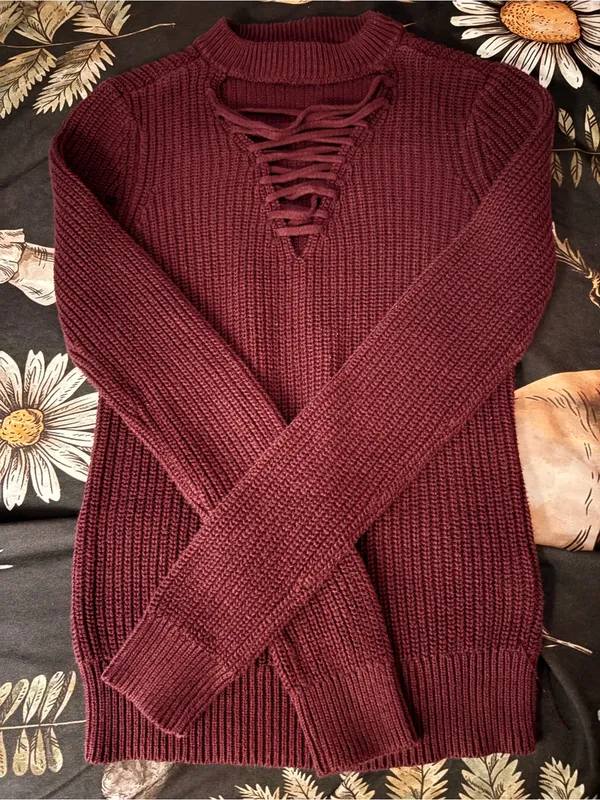 Guess Lace-Up Ribbed Crewneck Sweater - Wine - Image 2