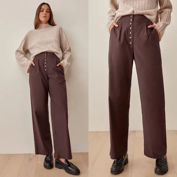 Reformation Brown Rox Button Front Wide Leg Trouser Pants Womens Size 12‎ - Image 2
