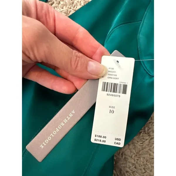 Anthropologie Green Sleeveless Plunge Satin Mini Holiday Cocktail Dress Size 10 - Image 8