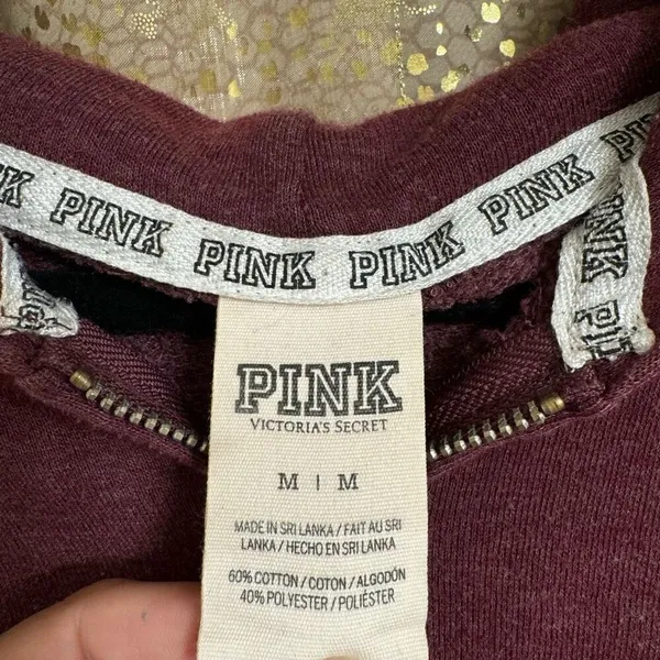 PINK Victorias Secret Maroon Silver Logo Sequin Bling Hoodie Zip Sweater Medium - Image 5