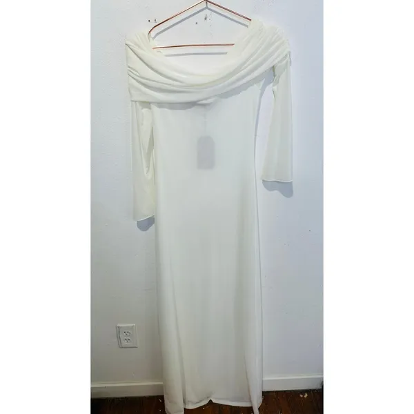 MESHKI Ivory White Josie Off Shoulder Mesh Fold Over Neckline Maxi Dress sz L - Image 3