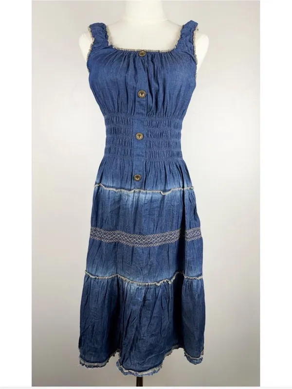 Lapis Blue Tiered Denim-Style Maxi Prairie Milkmaid Vintage Dress Large - Image 2