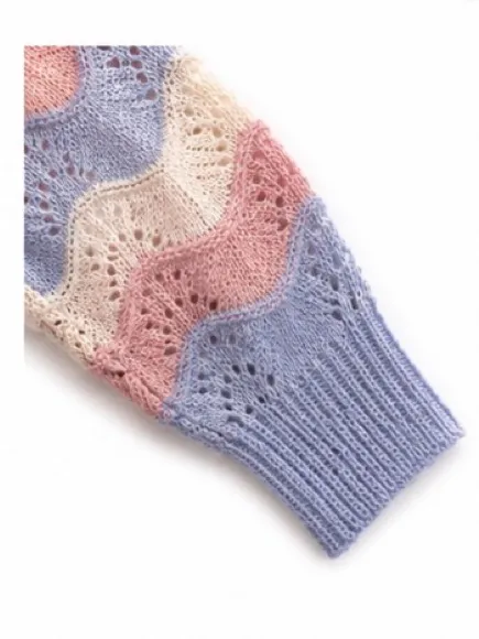 Entro Women’s Small Oversized Pastel Chevron Open Knit Sweater Pink Blue Cream - Image 5