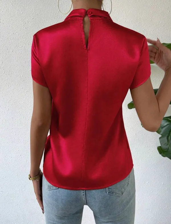 SheIn VCAY Red Twist Front Keyhole Back Satin Blouse - Image 2