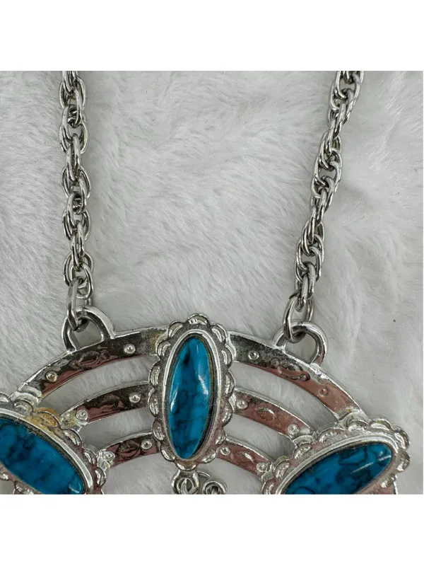 Vintage Silver Tone Turquoise Necklace Crescent Moon Dangle Charm Southwestern - Image 3