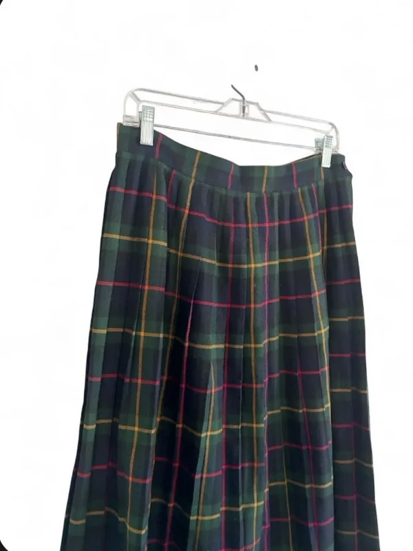 Vintage Pleated Midi Skirt by Leslie Fay Sportswear Dark Green Plaid Sz 14 P - Image 3