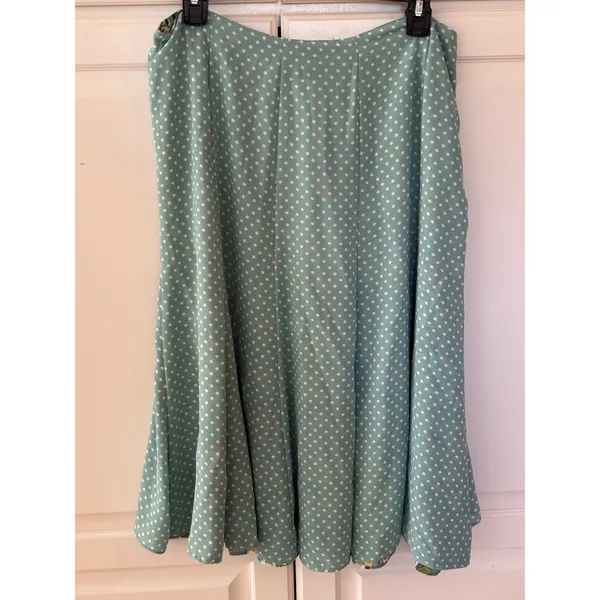 Reversible Floral and Polka Dot Midi Skirt Sage Green Yellow A-Line Side Zip - Image 7