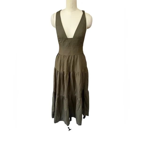 Shona Joy Linen Juliana Plunged Cross Back Midi Dress‎ In Forest size 4 - Image 4