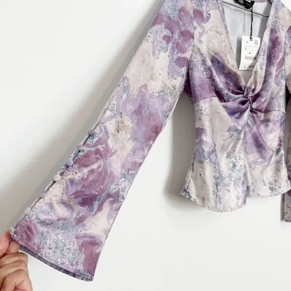 Zara Marble Print Blouse Small Flare Sleeve Twist V Neck Night Out Office Siren‎ - Image 3