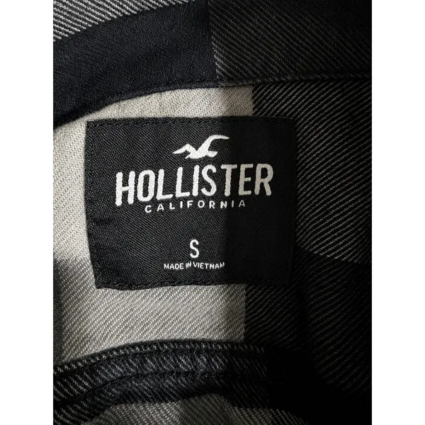 Hollister Black Gray Buffalo Plaid Flannel Button Down Shirt Small 100% Cotton - Image 4