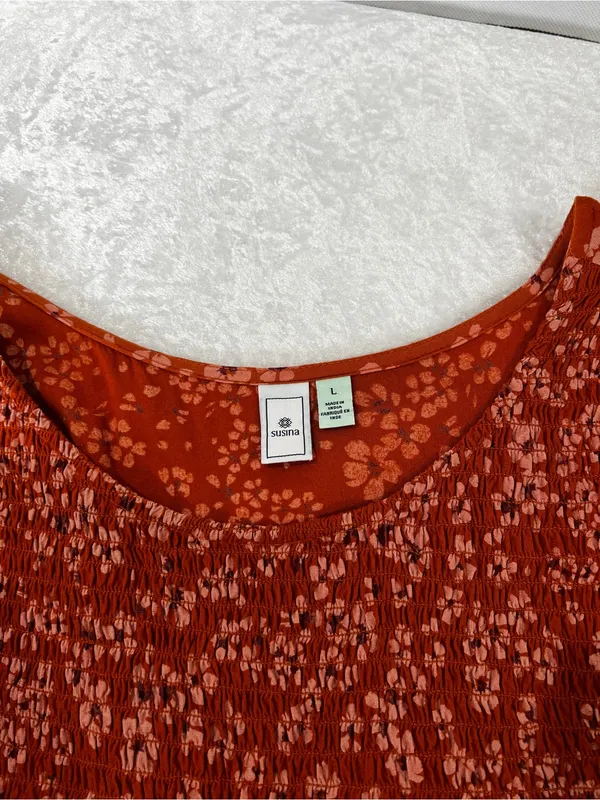 Susina Floral Smocked Bodice & Tiered Midi Dress Orange Burnt Orange Size Large - Image 16