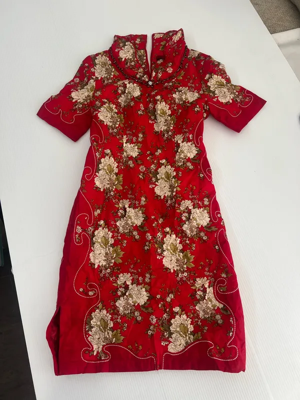 Tang Chao Red Floral Qipao Cheongsam Dress Cotton Mandarin Collar Size M - Image 17