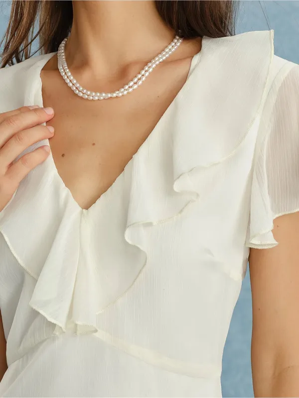 Rihoas Apricot V Neck Ruffle Chiffon Midi Dress - Image 2