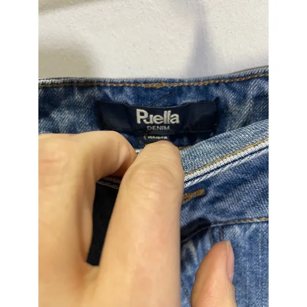 Puella Denim Light Wash M Asymmetric Crossover Waist Raw‎ Hem Mini Skirt NWT - Image 4