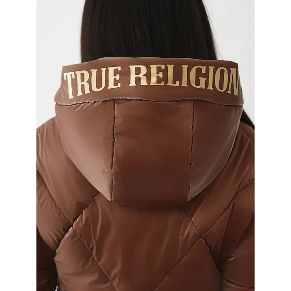 NWT!! TRUE RELIGION High-Shine Metallic Hooded Puffer Jacket Bronze Large - Image 10