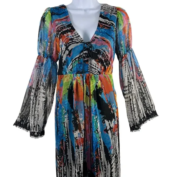 Vintage Oleg Cassini 80s 90s Abstract Boho Sheer Bell Sleeve Midi Dress Sz 6 - Image 4