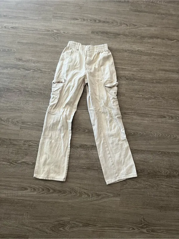 RSQ Wide Leg Baggy Pants Womens Medium Ecru Cargo Elastic Waist Cotton Utility - Image 2