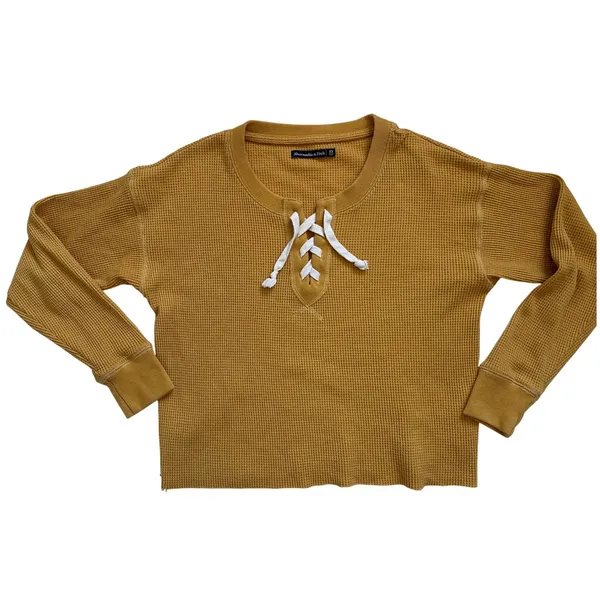 Abercrombie & Fitch XS Mustard Yellow Waffle Knit Lace‎ Up Thermal Top Henley - Image 9