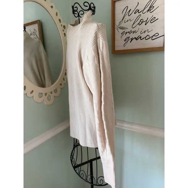 Magaschoni‎ Cashmere Wool Blend Mock Neck Ribbed Cable Knit Sweater Cream Large - Image 2