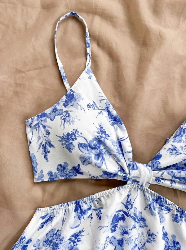 Blue Floral Cutout Dress - Image 4