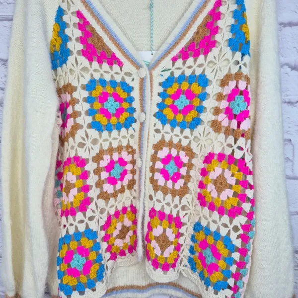Umgee Crochet Granny Square Cardigan Sweater L XL Boho Knit Button Front Cream - Image 3