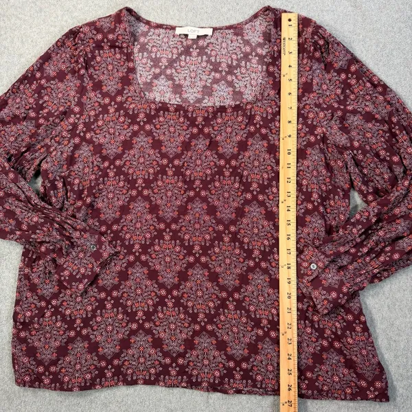 LOFT Women's XL Square Neck Long Sleeve Blouse Top Maroon Floral Paisley - Image 7