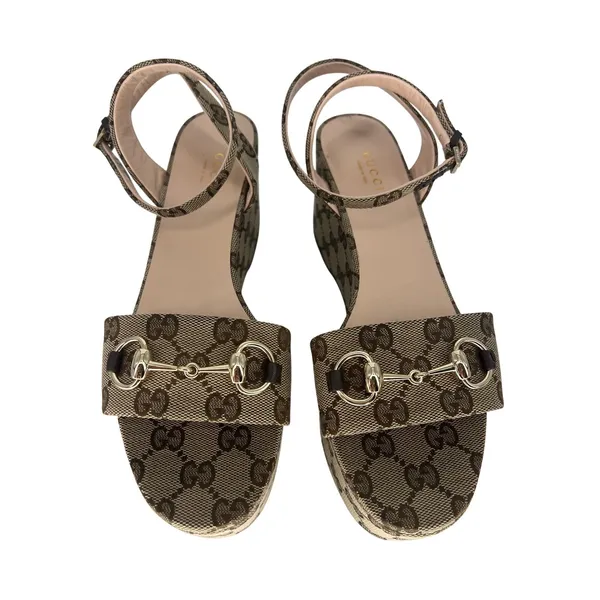 Gucci Lady Horsebit GG Supreme Canvas Platform Sandals Beige 37.5 Box Dust Bags - Image 9