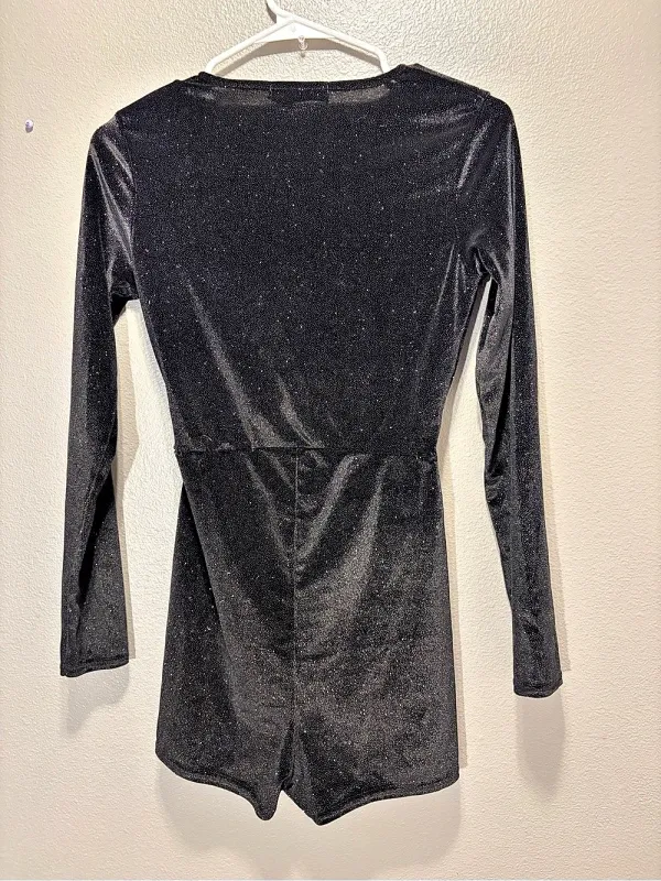 Missguided Womens Black Glitter Velvet Long Sleeve Wrap V-Neck Romper Size M - Image 2
