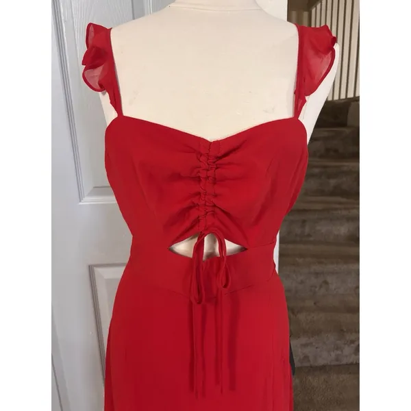 Lulus Women’s Ruffles Front String Side Slit Maxi Dress NWT XL Red Formal Prom - Image 3