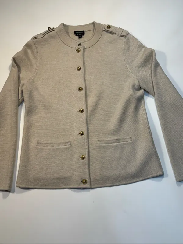 Talbots Pure Marino Wool Beige Crewneck Button-Front Cardigan - Image 2