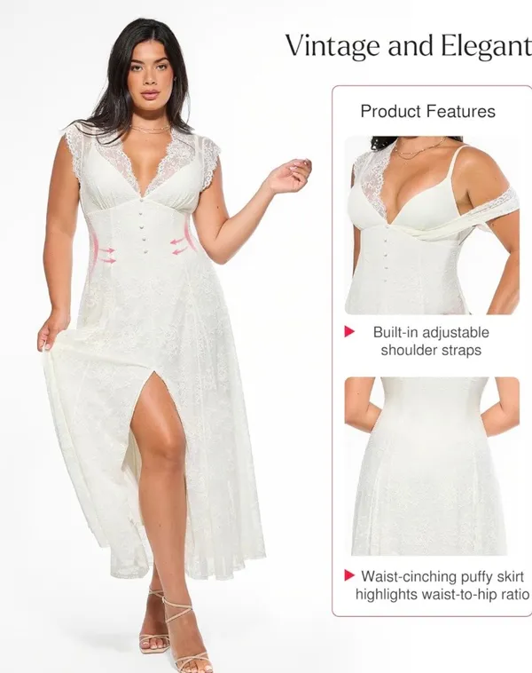 Popilush Lace Formal Sleeveless V Neck Maxi Shapewear Dress - Image 2