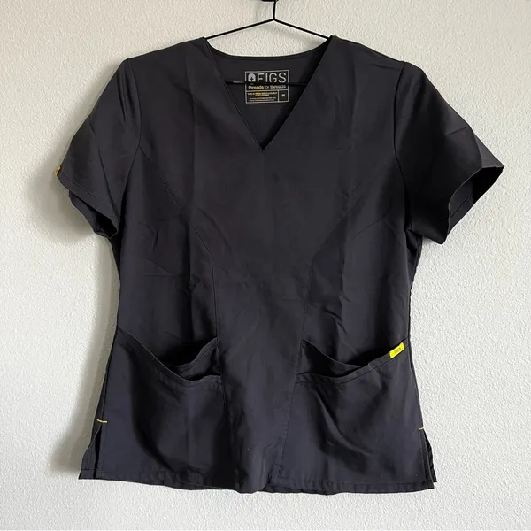 FIGS Charcoal Grey/Yellow Four-Pocket Scrub Top. Size Medium - Image 3