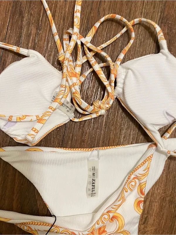 Zaful Juniors M Medium 2 Pc Bikini Swim Suit Baroque White Yellow Orange NWT New - Image 6